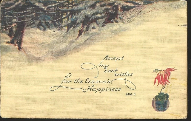 Vintage 1919 Christmas Best Wishes Post Card Potted Poinsettia Wintry Woods  