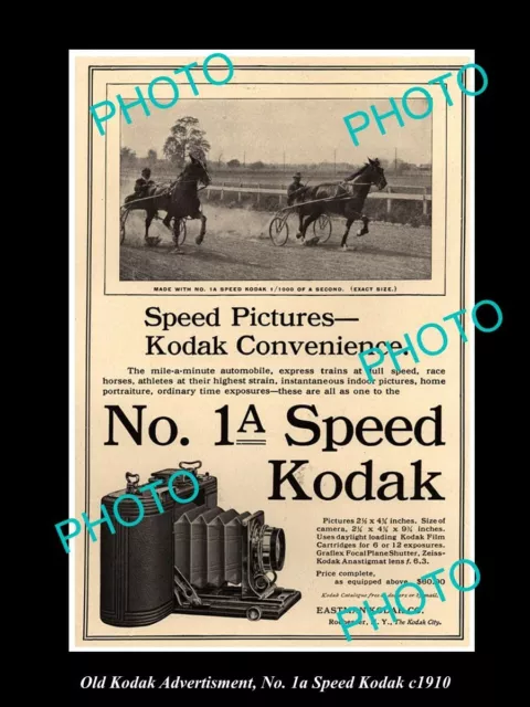 OLD 8x6 HISTORIC KODAK CAMERA ADVERTISMENT THE 1a SPEED KODAK CAMERA c1910