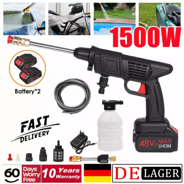 2 Akkus + 1500W Akku Hochdruckreiniger Auto Mobiler Druckreiniger Spritzpistole