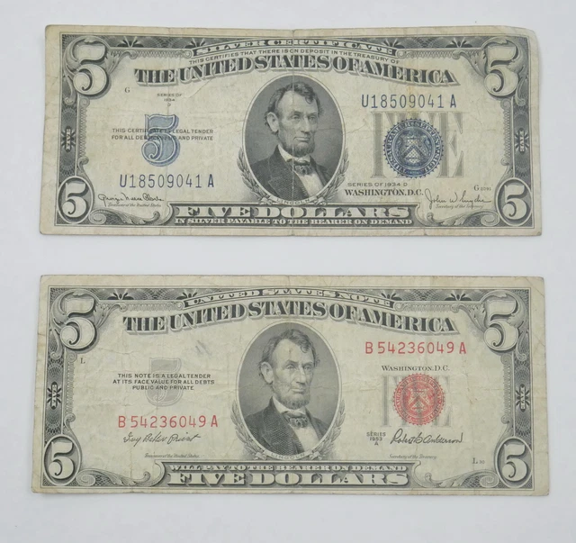 1934 D US Mint $5 Dollar Blue Seal Silver Certificate 1953 US Note Red Seal $5