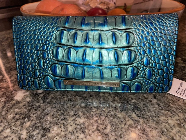 New Brahmin Melbourne Ady Croc Embossed Leather Slim Wallet PEACOCK