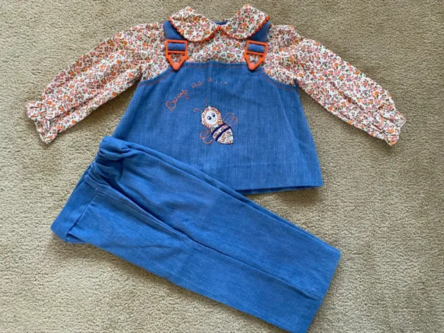 Vtg. Merry Mites Blue and Orange Girl’s Two-piece Outfit Appliqué Bee 2T? Sweet!
