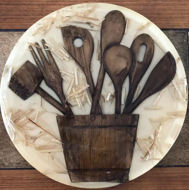 Vintage Mid-Century Lucite Acrylic Resin Lazy Susan Spin Tray, Wooden Utensils