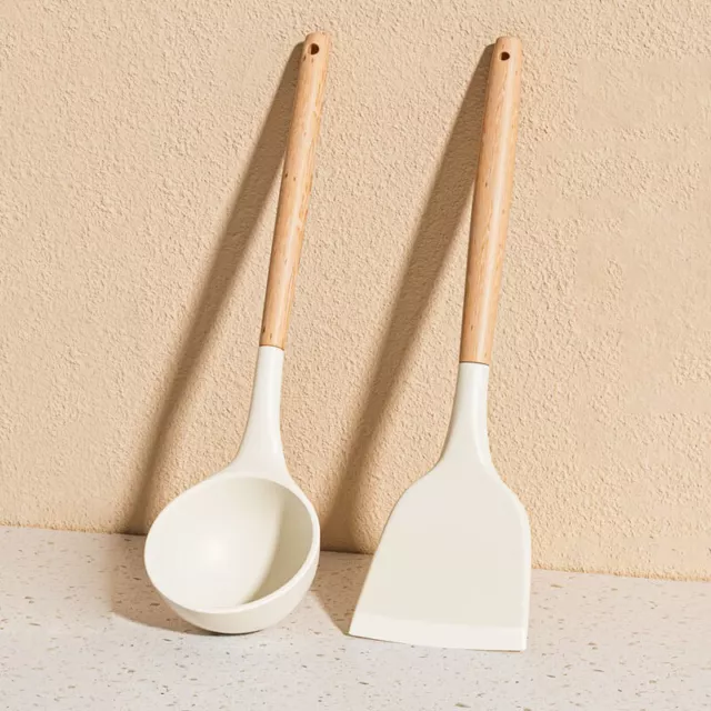 Set 2 pz utensili da cucina silicone pentole manico in legno antiaderente BII