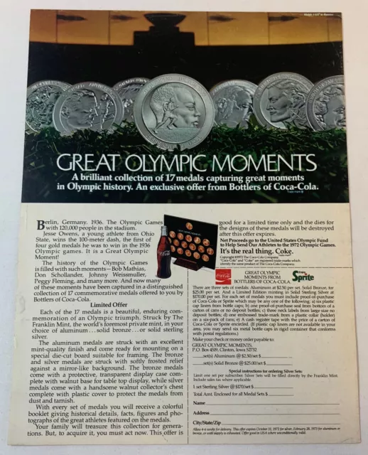 1972 Coca Cola/Sprite ad page ~ GREAT OLYMPIC MOMENTS medals