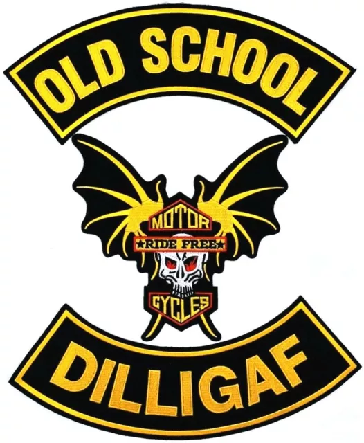 Old School Dilligaf Bat Wings Ride Free Motorcycle Biker Vest 3 Patch Set