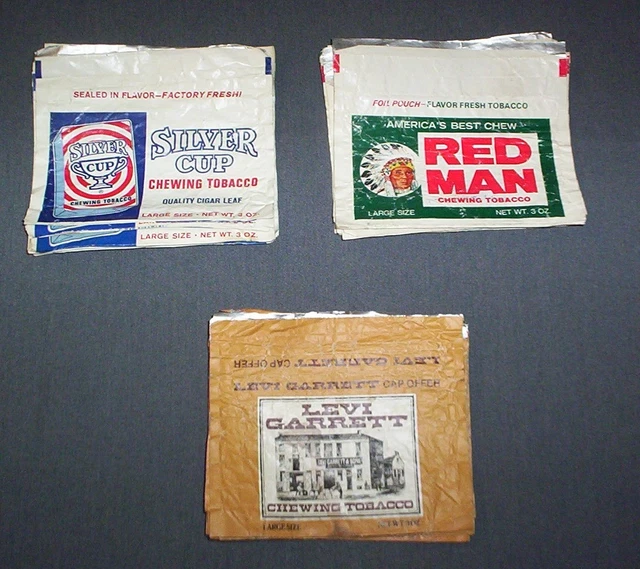 30 VINTAGE CHEWING TOBACCO FOIL POUCHES Empty LEVI GARRETT, SILVER CUP, RED  MAN $3.99