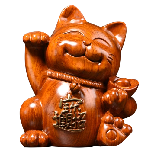 Rosewood Carved Maneki Neko Statue Lucky Cat Feng Shui Decor Art Collection
