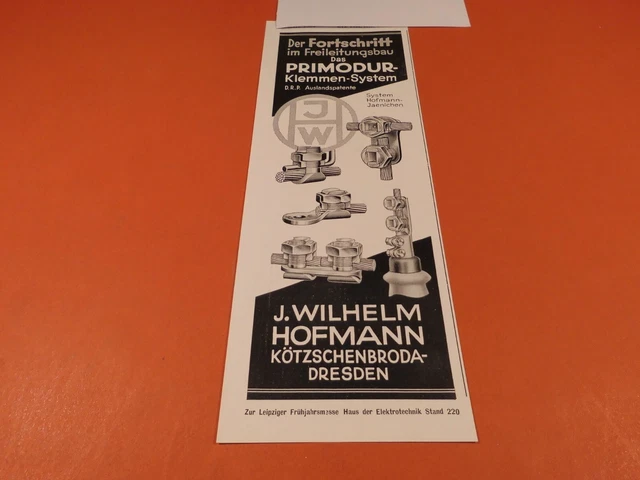 J. Wilhelm Hofmann Kötzschenbroda - Dresden, PRIMODUR Klemmen :Werbeanzeige 1934