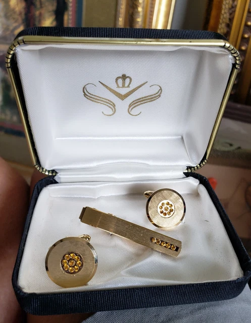 EUC! VINTAGE ANSON cufflinks and tie clip bar SET gold tone topaz/citrine color