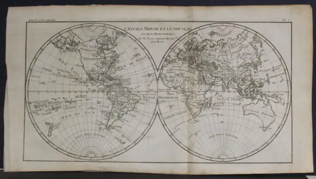 1780 Bonne & Raynal Unusual Antique Original World Map On Two Hemispheres