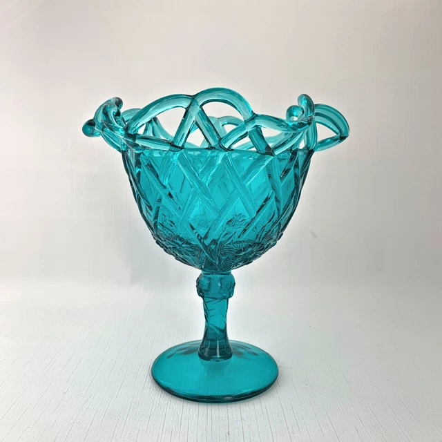 Fenton Compote Flowers Lattice Vintage Lace Aquamarine Blue Mid Century Modern