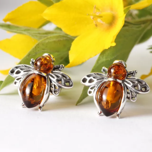 Baltic Amber Honey Bee Stud Earrings Sterling Silver Brand New Boxed