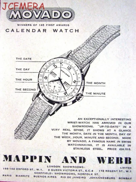 Mappin & Webb 'MOVADO' Wristwatches Advert - Small 1948 Print AD