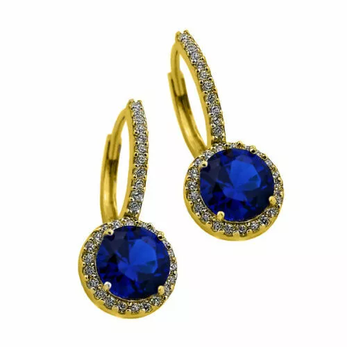 14K YELLOW GOLD  2.49 CARAT Women's Classy Halo Drop Blue Sapphire Earrings