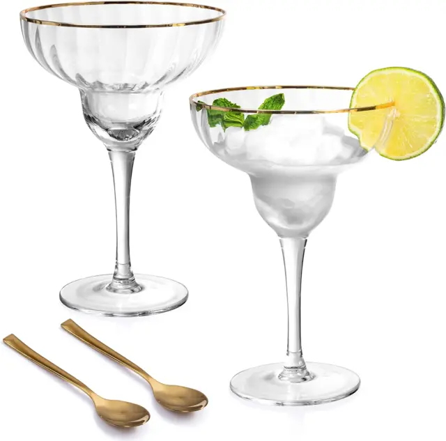 Hand Blown Margarita Glasses - 24K Gold Rim - Set of 2 Margarita & Martini 12 Oz