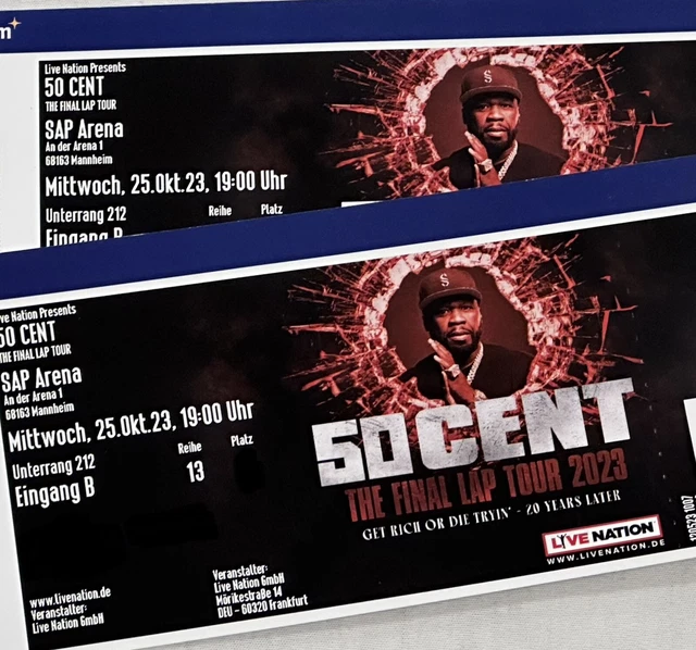 2x 50 CENT Mannheim TRAUMKARTEN SITZPLATZ SAP Arena 25.10.23 Karten Tickets
