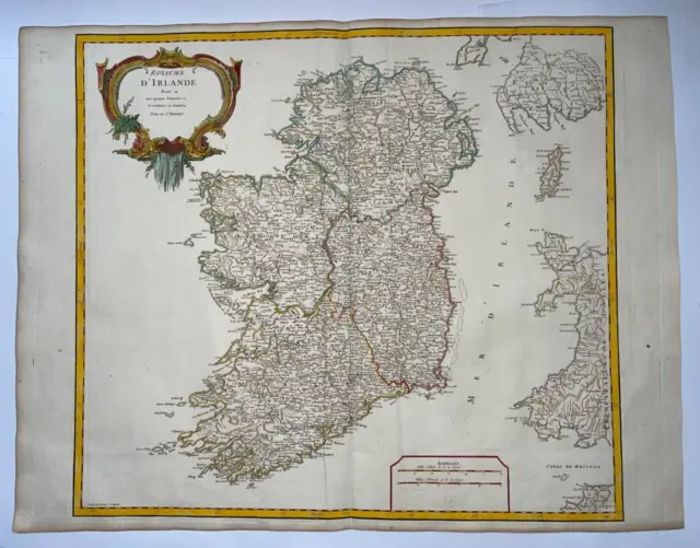 IRELAND c. 1750 ROBERT DE VAUGONDY LARGE ANTIQUE ENGRAVED MAP 18TH CENTURY
