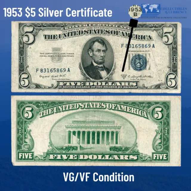 ✔ One 1953 Blue Seal $5 Dollar Silver Certificate, VG/VF,Old US Five Dollar Bill 2