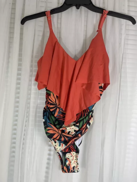 Women’s Swimsuit Size S Coral Tropical V-Neck One Piece Ruched Tummy Control