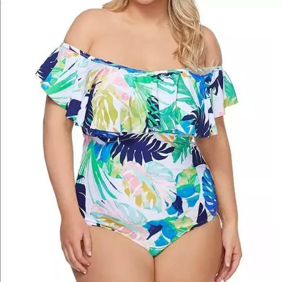 Raisins Curve Plus Womens Swimsuit 22w One Piece Floral Flounce Molded Cups New