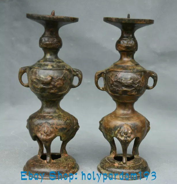 7.2" Old China Bronze Ware Dynasty Palace Beast Candlestick Candle stick Pair