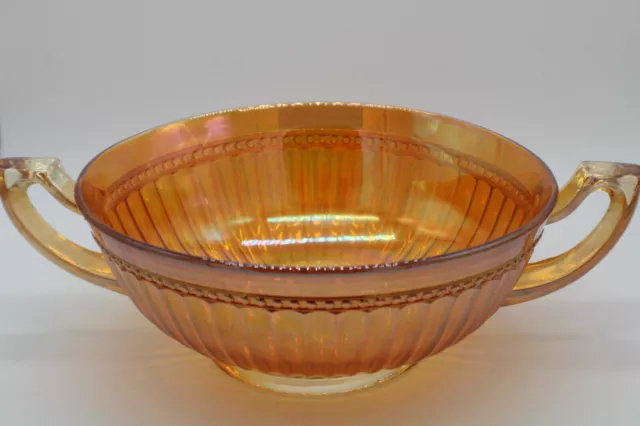 Imperial Glass 2 Handled Optic & Buttons Marigold Carnival Glass Bowl