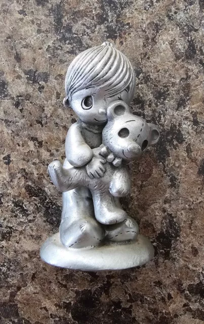 Jonathan David Precious Moments Pewter Figurine Boy with Teddy Bear 1982 Vintage