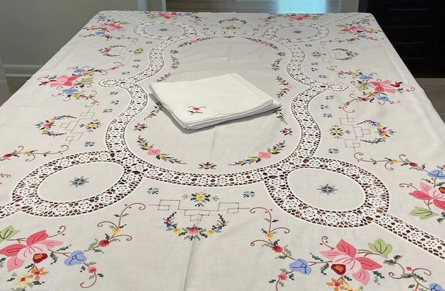 Tablecloth & Napkin Set, Cross Stitch, Floral Appliqué, Crocheted Inserts 64x82 Tablecloth & Napkin Set, Cross Stitch, Floral Appliqué, Crocheted Inserts 64x82