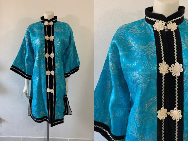 Vintage 60s Jacket Chinese Turquoise Silk Tunic Top Sgt Pepper Retro Smoking
