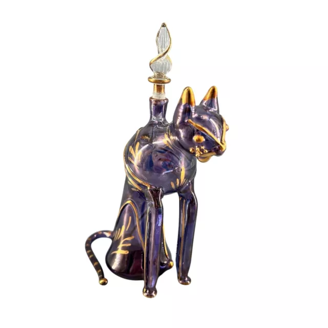 Hand Blown Egyptian Art Glass Perfume Bottle With Stopper Purple Gold Cat Sphinx 2