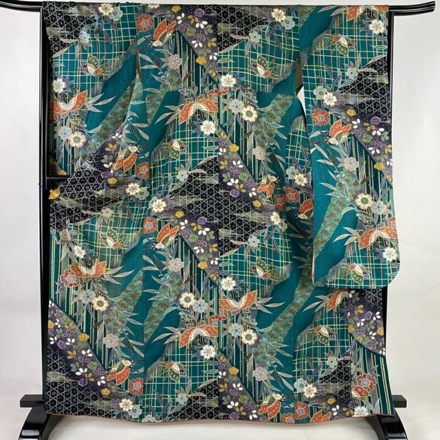 Japanese Kimono Furisode Pure Silk Cantilever Grass Flower Butterfly Blue Green