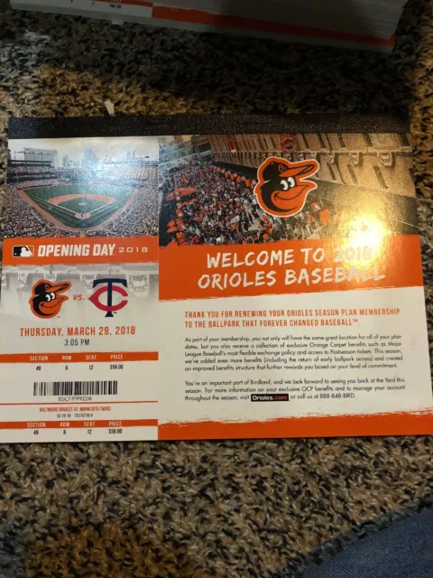 2018 Baltimore Orioles Season Full 29 Game Ticket Book Stub Machado Jones
