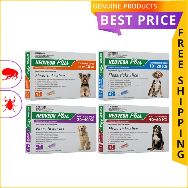 Neoveon Plus for Dogs All Sizes 4 Doses Flea and Tick Treatment Free Shipping