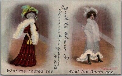 Vintage 1908 Fashion / Comic Postcard "What the Ladies / Gents See" BAMFORTH