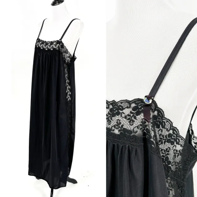 VINTAGE BLACK LACE Maxi Slip Satin Nightgown Dress Sheer Long Spaghetti ...