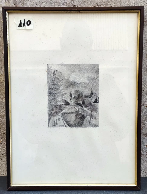Quadro Disegno A China Paesaggio Fiume Case Firmato Ritmaster Vintage