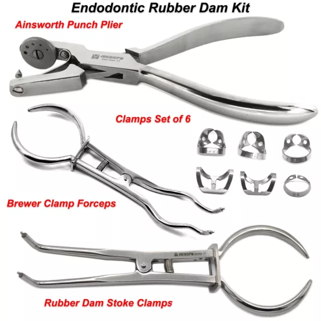 Dental Endodontic Rubber Dam Kit Stokes Brewer Forceps Clamps Hole Punch Pliers