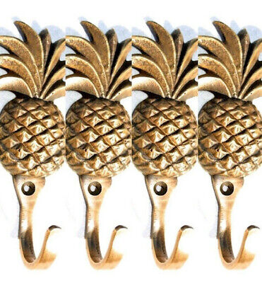4 small PINEAPPLE BRASS HOOK COAT WALL MOUNTED HANG TROPICAL old style hook 4" B