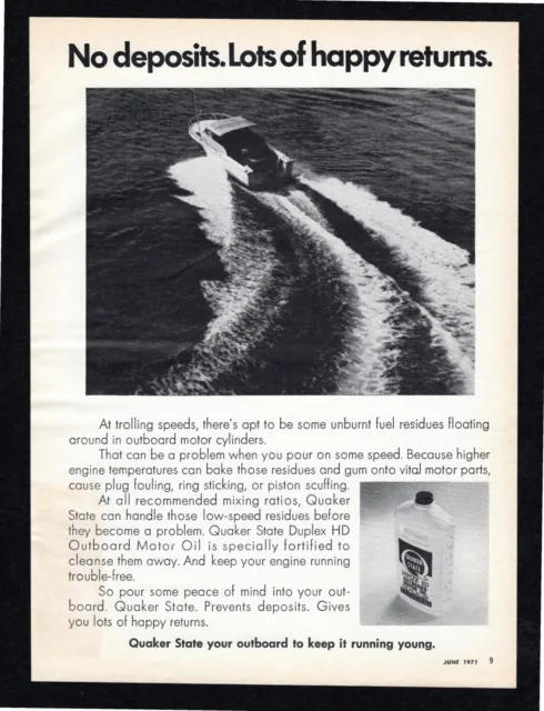1971 Quaker State Duplex HD Outboard Motor Oil Outdoor Life Print Ad Vintage