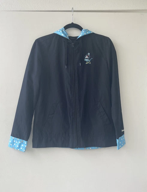 Disney Parks Disneyland Minnie Mouse Black Blue Polka Dot Rain Coat Jacket Sz XS
