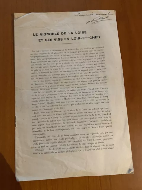 Brochure Le Vignoble de la Loire et ses vins en Loir-et-Cher 1930 Autographe