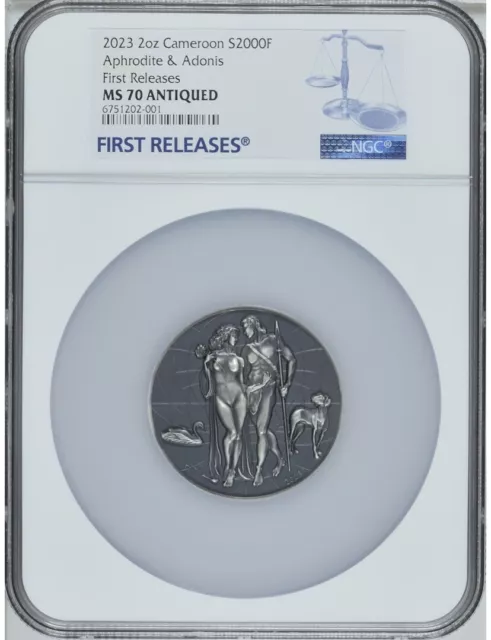 NGC MS70 FR APHRODITE AND ADONIS Myth 2Oz Silver Coin 2000 Francs Cameroon 2023