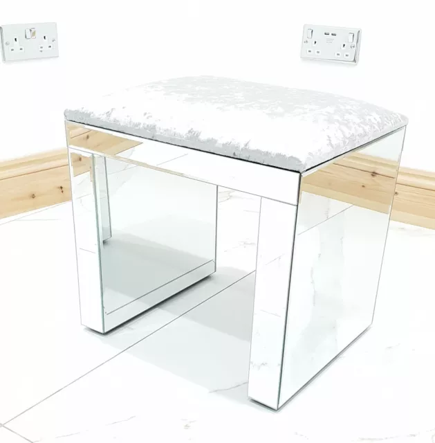 Dressing Table Stool Silver Mirrored Silver CRUSHED VELVET Pro Vanity Stool