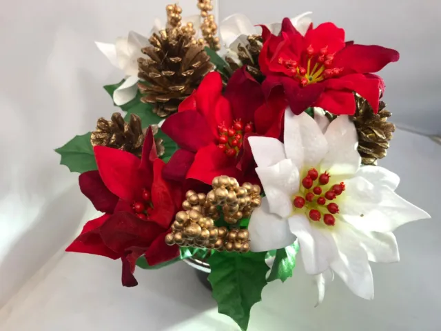 Artificial Red & White Poinsettia Christmas Grave Vase/Crem Pot/Table Centre