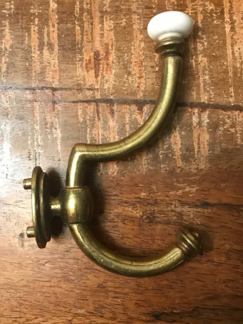 Vintage Brass & Porcelain Wall Mount Coat Hook 5 1/2" tall