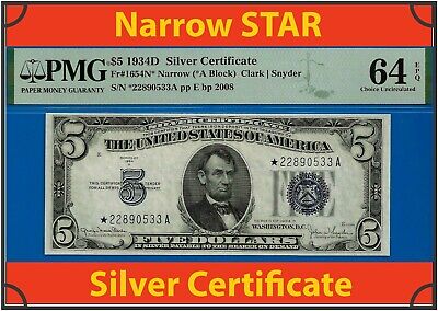FR-1654N* ✅ 1934-D $5 S/C ➡️ Blue Seal 🔴 Narrow STAR ⬅️ PMG 64EPQ # *22890533A
