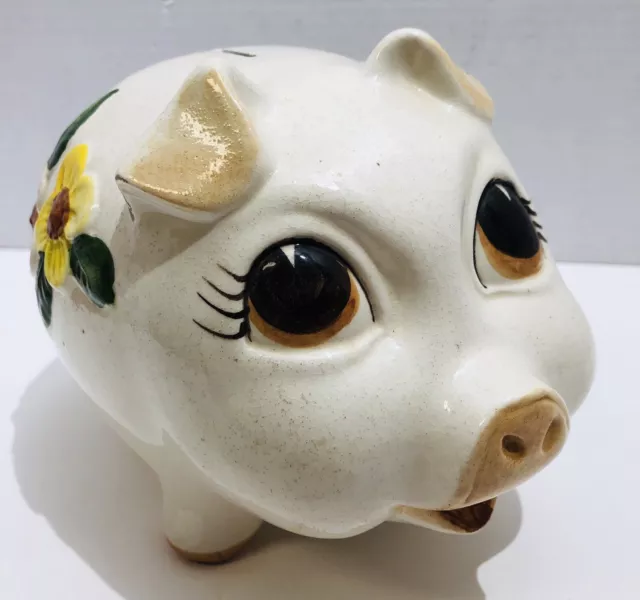 Vintage Ceramic Pig Piggy Bank Embossed Floral Designs Hand painted *No Stopper