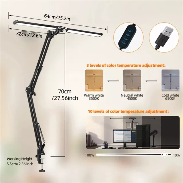 LED Desk Lamp with Clamp, Super Bright Double Head Reading Desk Lamps Black