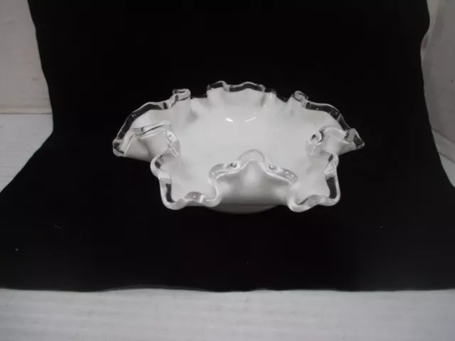 Vintage Fenton White Milk Glass Silver Crest Ruffled Small Bowl Dish 6" Diameter